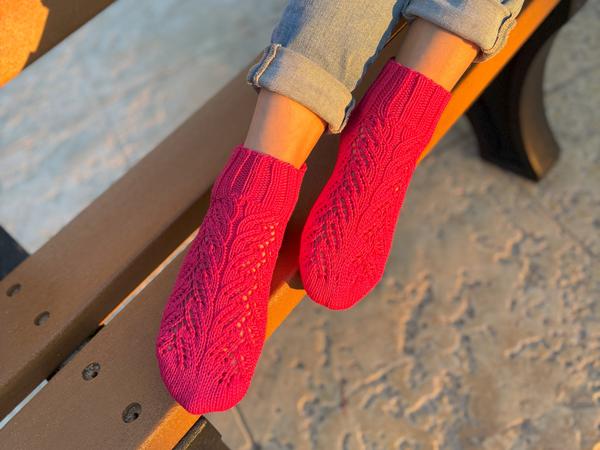 Handknit Crimson Cotton Socks: Women's Lacework Ankle Socks, Women’s Socks Size 7